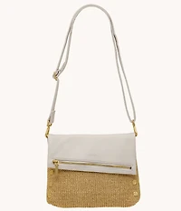 Hammitt Foldover VIP Medium Crossbody Calla Lily White Raffia/Brushed Gold Hammered