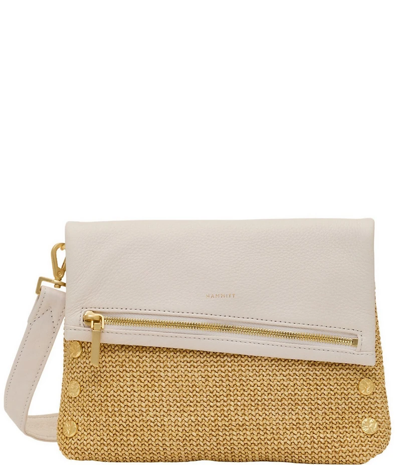 Hammitt Foldover VIP Medium Crossbody Calla Lily White Raffia/Brushed Gold Hammered
