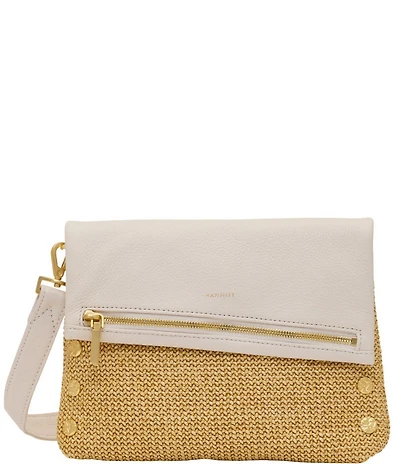 Hammitt Foldover VIP Medium Crossbody Calla Lily White Raffia/Brushed Gold Hammered