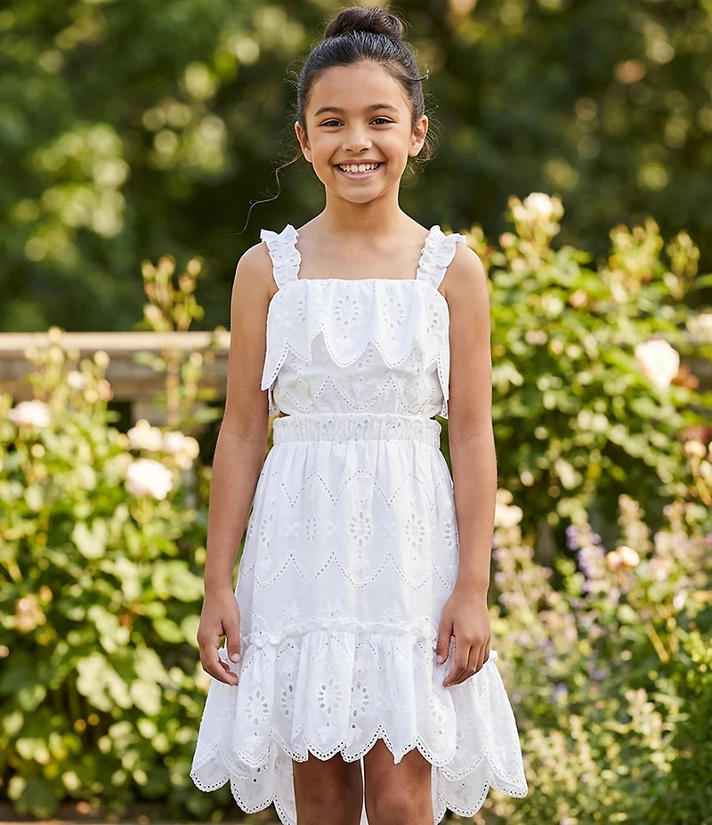 Hannah Banana Big Girls Cut Out Eyelet Square Neck Sleeveless Tiered Scalloped Hem Hi-Low Dress