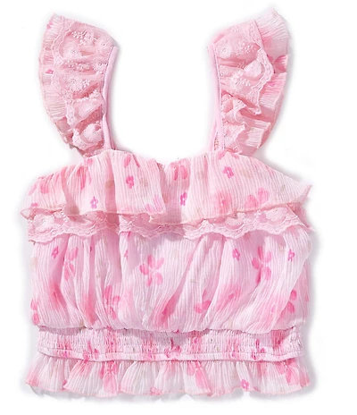 Hannah Banana Big Girls Floral Lace Flutter Sleeve Smocked Waist Peasant Top