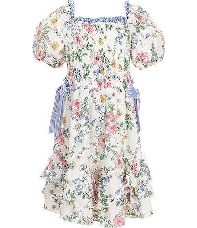 Hannah Banana Big Girls Puffed 3/4 Sleeve Floral Printed Bow Detail Fit-And-Flare Dress