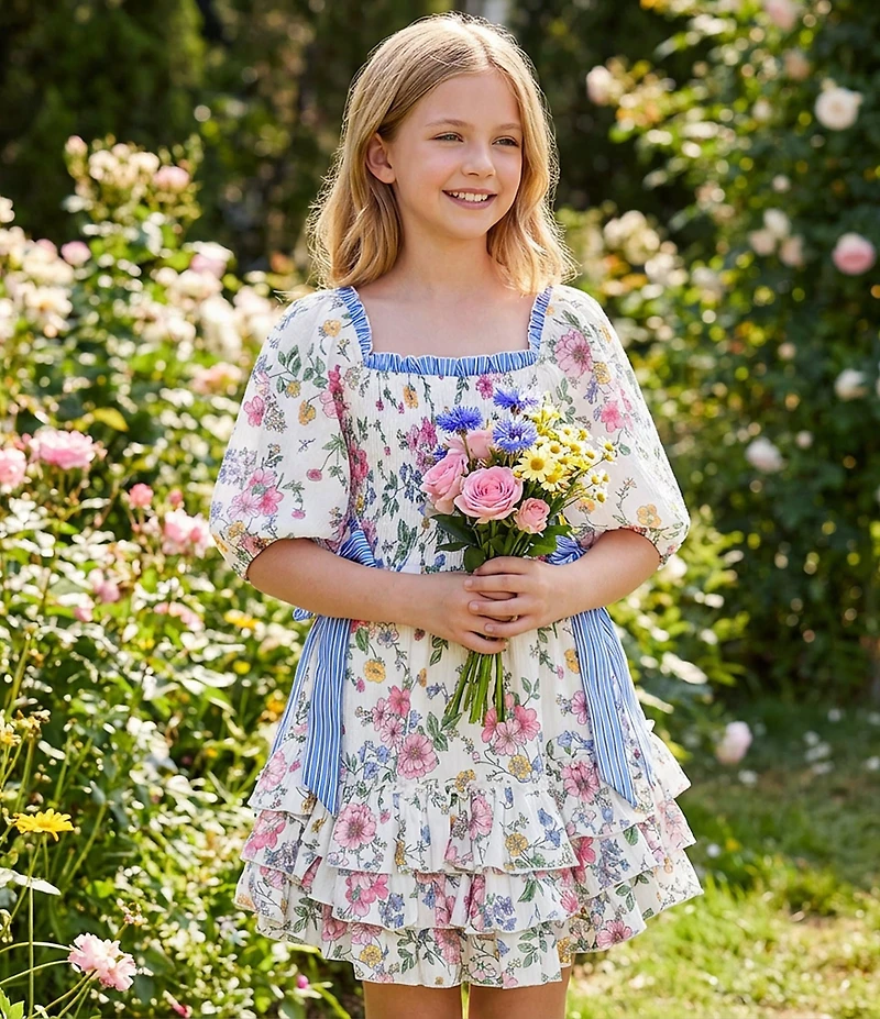 Hannah Banana Big Girls Puffed 3/4 Sleeve Floral Printed Bow Detail Fit-And-Flare Dress