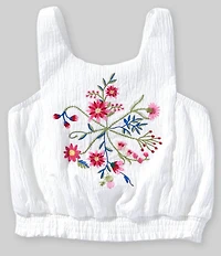 Hannah Banana Big Girls Sleeveless Floral Embroidered Smocked Waist Tank Top