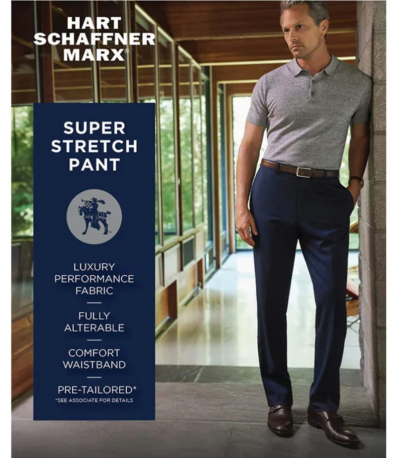 Hart Schaffner Marx Chicago Classic Fit Navy Pre-Tailored Flat Front Super Stretch Dress Pants