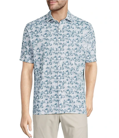 Hart Schaffner Marx Featherweight Luxury Performance Short Sleeve Palm Print Coat Front Shirt