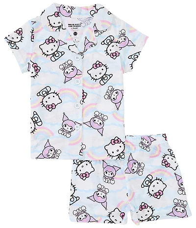 Hello Kitty Little/Big Girls Kitty/Rainbow Short Sleeve Button Down Top & Pull-On Shorts Pajama Set