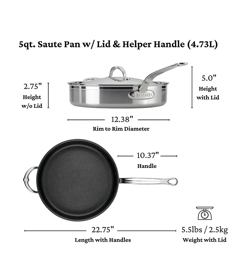 Hestan ProBond Professional Clad Stainless Steel TITUM Nonstick Saute Pan with Cover - 5-Quart