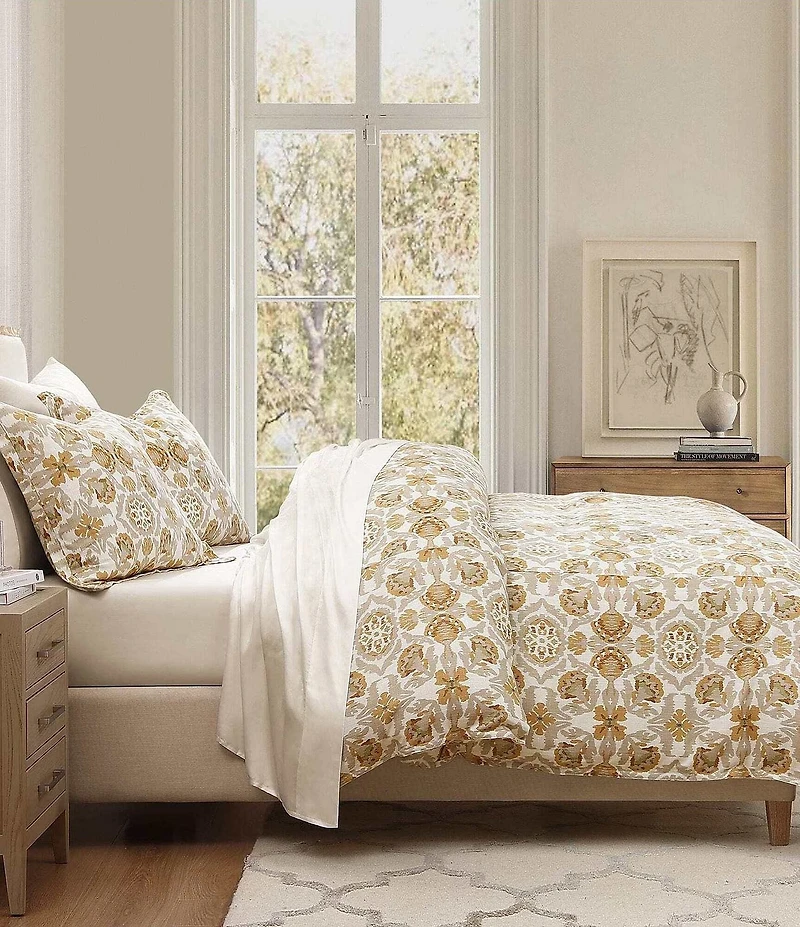 HiEnd Accents Andie Washed Linen Tuscan Marigold Medallion Pattern Floral Duvet Cover Mini Set