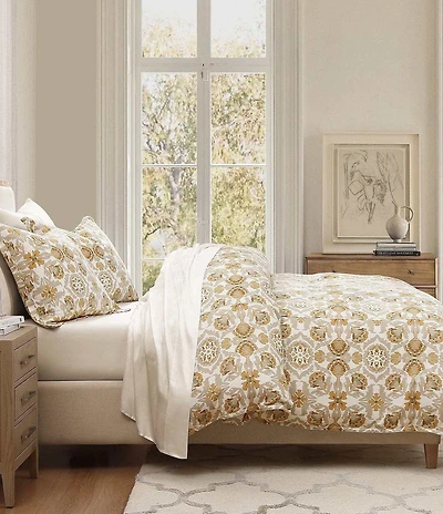 HiEnd Accents Andie Washed Linen Tuscan Marigold Medallion Pattern Floral Duvet Cover Mini Set
