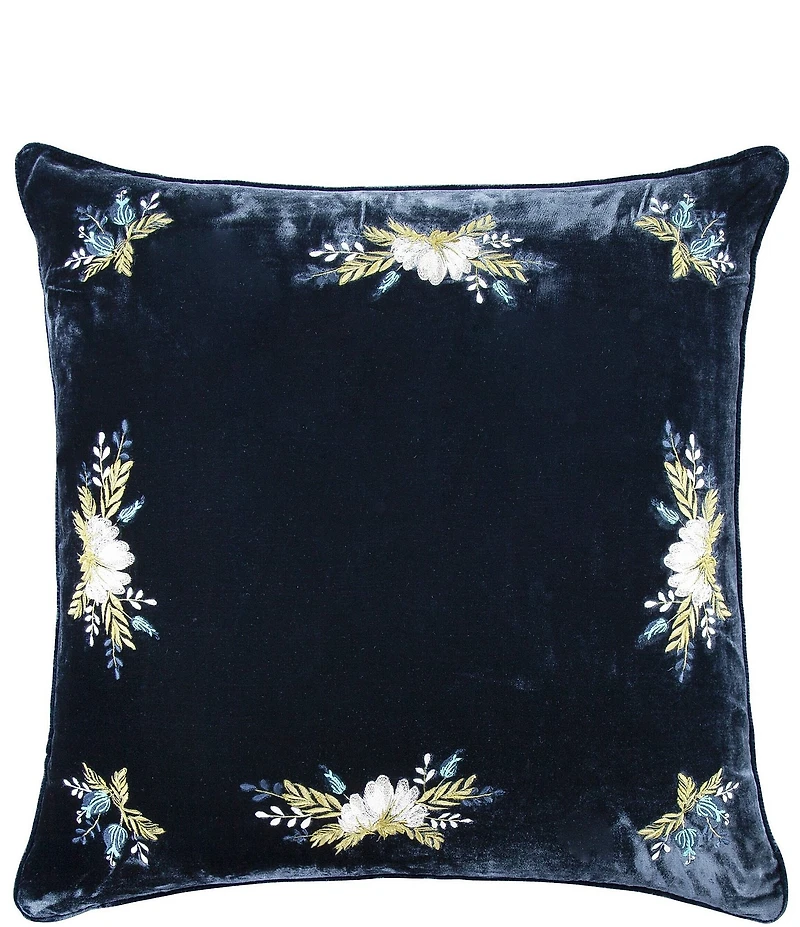 HiEnd Accents Stella Collection Western Floral Embroidered Faux Silk Velvet Square Pillow