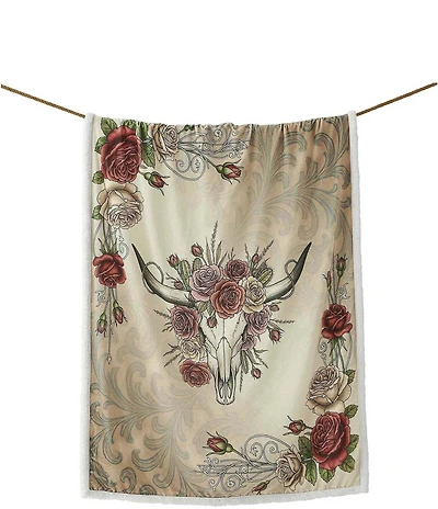 HiEnd Accents x Indigo Hill Rowena Longhorn Campfire Blooming Roses Sherpa-Backed Western Throw Blanket