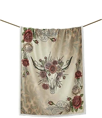 HiEnd Accents x Indigo Hill Rowena Longhorn Campfire Blooming Roses Sherpa-Backed Western Throw Blanket