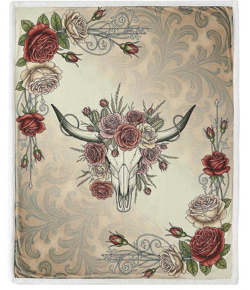 HiEnd Accents x Indigo Hill Rowena Longhorn Campfire Blooming Roses Sherpa-Backed Western Throw Blanket