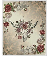 HiEnd Accents x Indigo Hill Rowena Longhorn Campfire Blooming Roses Sherpa-Backed Western Throw Blanket