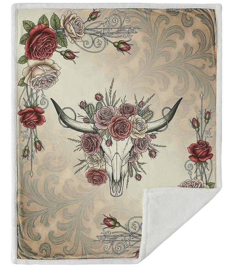 HiEnd Accents x Indigo Hill Rowena Longhorn Blooming Roses Sherpa Western Throw Blanket