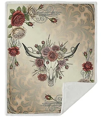 HiEnd Accents x Indigo Hill Rowena Longhorn Blooming Roses Sherpa Western Throw Blanket