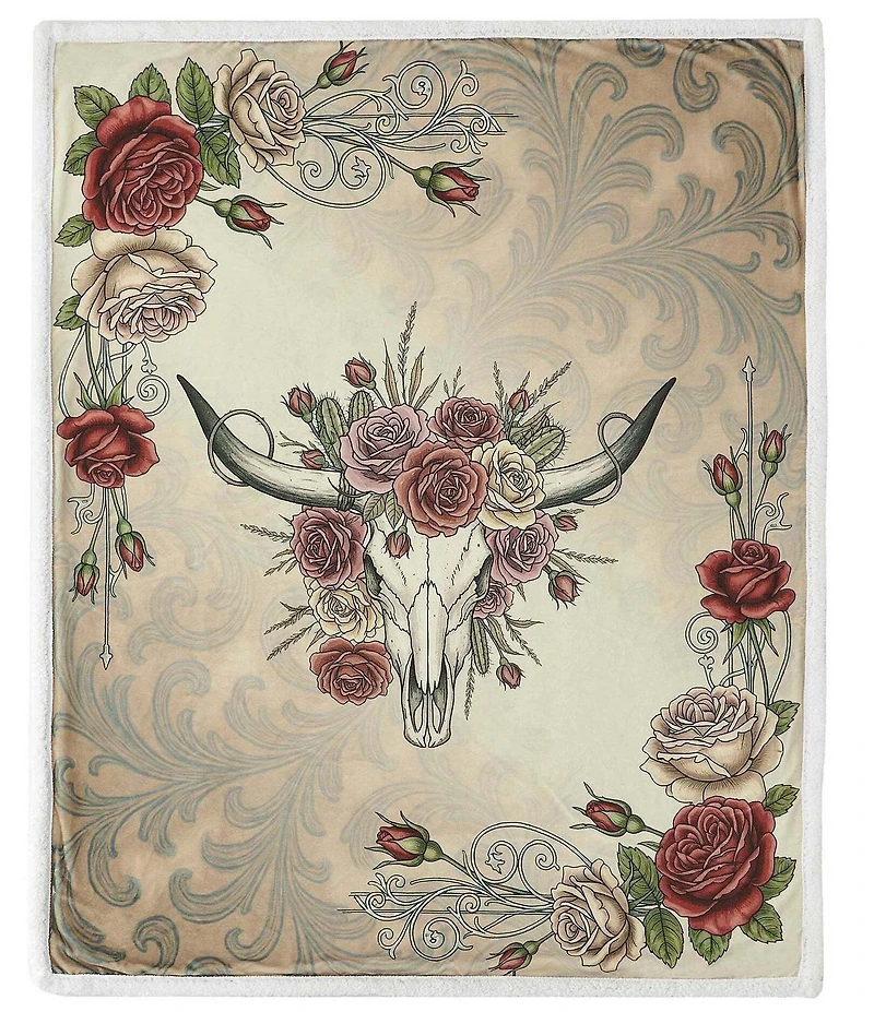 HiEnd Accents x Indigo Hill Rowena Longhorn Blooming Roses Sherpa Western Throw Blanket