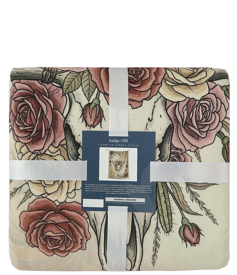 HiEnd Accents x Indigo Hill Rowena Longhorn Blooming Roses Sherpa Western Throw Blanket