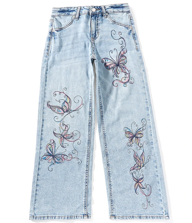 Hippie Girl Big Girls Butterfly/Swirl Discharge-Printed Wide Leg Jeans