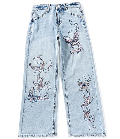 Hippie Girl Big Girls Butterfly/Swirl Discharge-Printed Wide Leg Jeans
