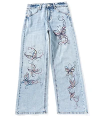 Hippie Girl Big Girls Butterfly/Swirl Discharge-Printed Wide Leg Jeans