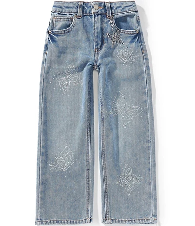 Hippie Girl Little Girls Rhinestone Embellished Butterfly Wide Leg Jeans