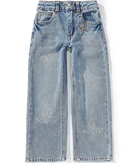 Hippie Girl Little Girls Rhinestone Embellished Butterfly Wide Leg Jeans