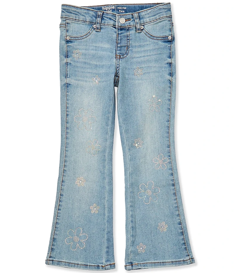Hippie Girl Little Girls Rhinestone-Embellished Flower-Designed Flared-Leg Jeans