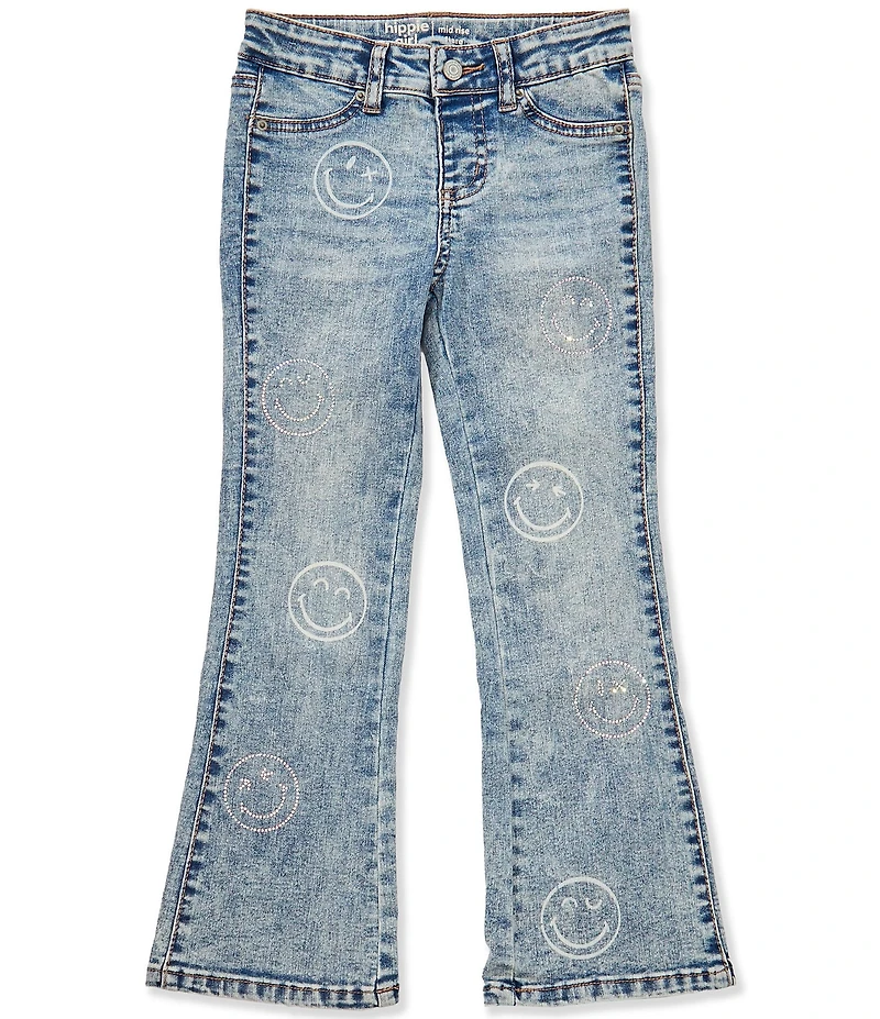 Hippie Girl Little Girls Rhinestone-Accented #double;Smiley Face#double; Pattern Flare-Leg Jeans
