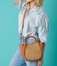 HOBO Margot Raffia Woven Detail Contrast Trim Satchel Bag
