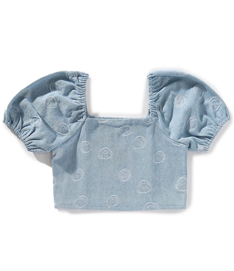 Honey & Sparkle Big Girls Puffed-Sleeve Smiley Face Print Textured Cropped Top