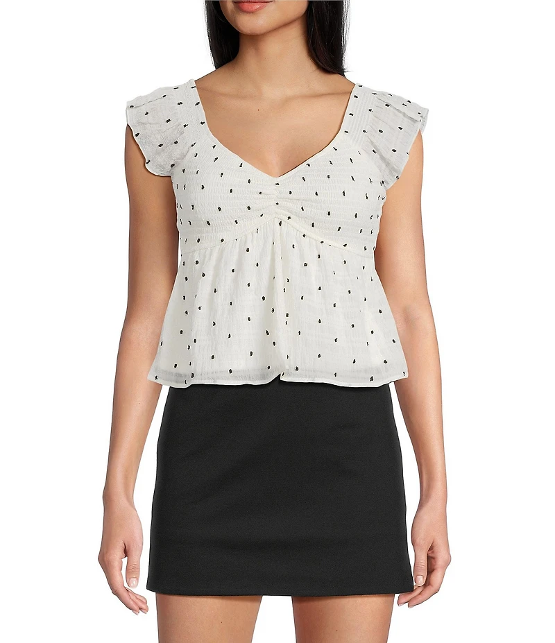 Honey & Sparkle Clip Dot Embroidered Flutter Sleeve Smocked Baby Doll Top