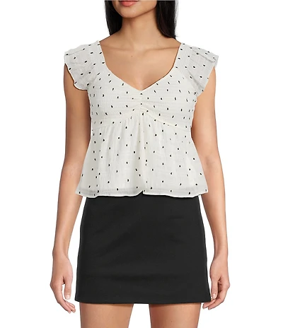 Honey & Sparkle Clip Dot Embroidered Flutter Sleeve Smocked Baby Doll Top