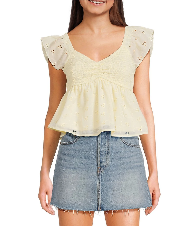 Honey & Sparkle Embroidered Eyelet Smocked Baby Doll Top