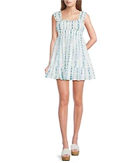 Honey & Sparkle Eyelet Floral Printed Ruched Scoop Neck Tiered Babydoll Mini Dress