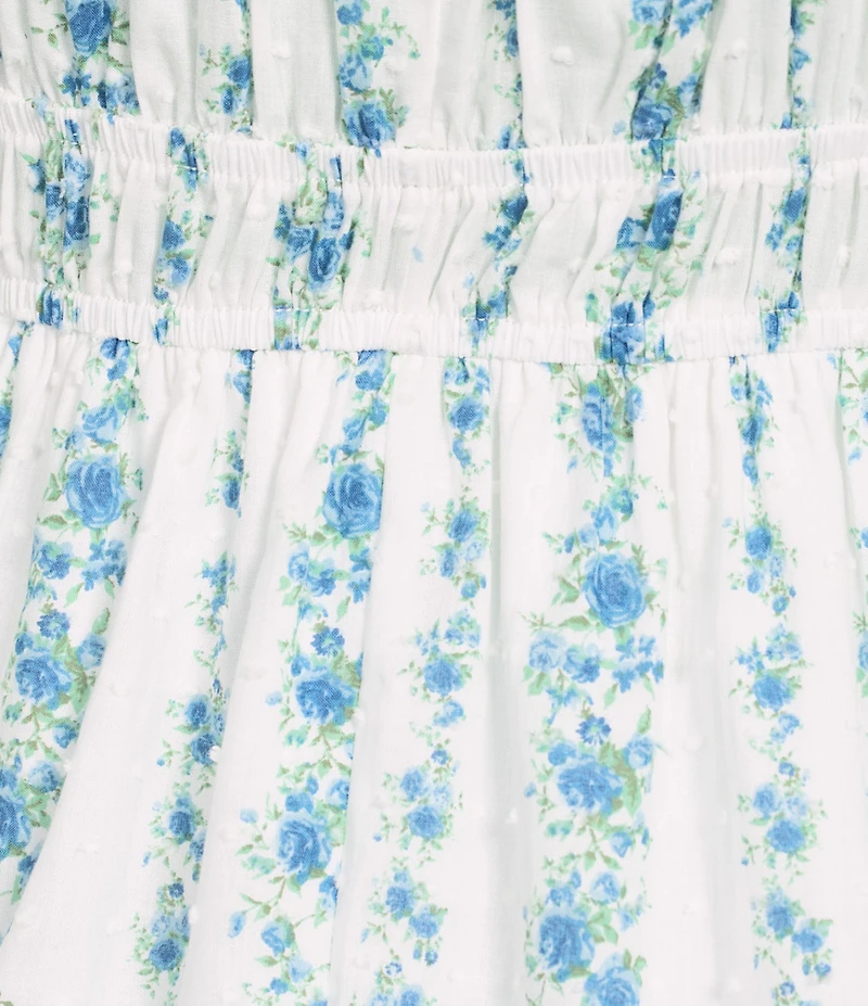 Honey & Sparkle Eyelet Floral Printed Ruched Scoop Neck Tiered Babydoll Mini Dress