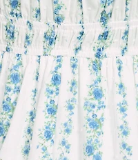 Honey & Sparkle Eyelet Floral Printed Ruched Scoop Neck Tiered Babydoll Mini Dress