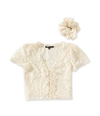 Honey & Sparkle Eyelet Short Sleeve Tie Front Blouse