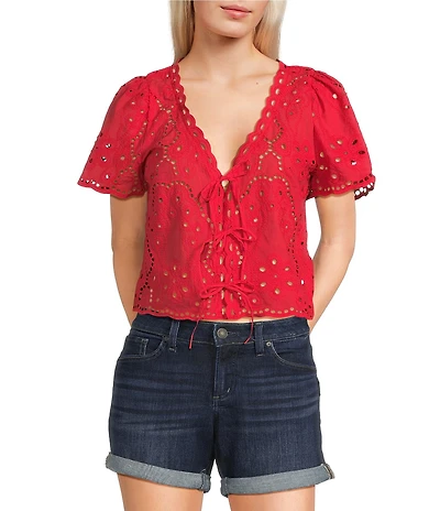 Honey & Sparkle Eyelet Short Sleeve Tie Front Blouse
