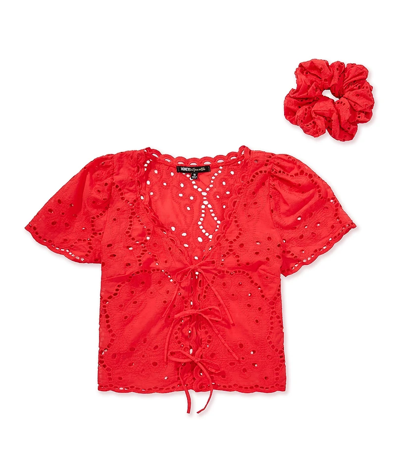 Honey & Sparkle Eyelet Short Sleeve Tie Front Blouse