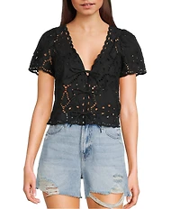 Honey & Sparkle Eyelet Short Sleeve Tie Front Blouse