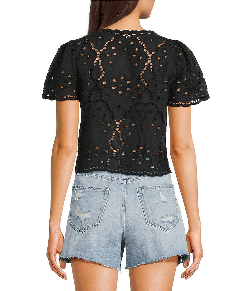 Honey & Sparkle Eyelet Short Sleeve Tie Front Blouse