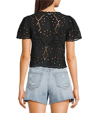 Honey & Sparkle Eyelet Short Sleeve Tie Front Blouse