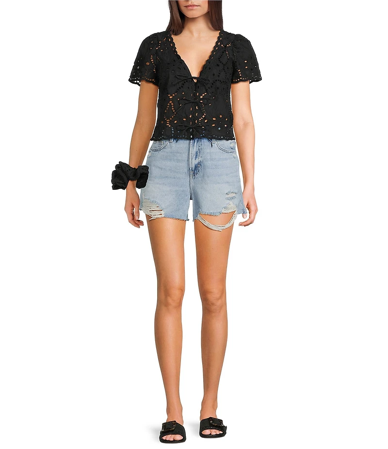 Honey & Sparkle Eyelet Short Sleeve Tie Front Blouse