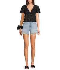 Honey & Sparkle Eyelet Short Sleeve Tie Front Blouse