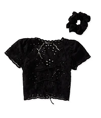 Honey & Sparkle Eyelet Short Sleeve Tie Front Blouse