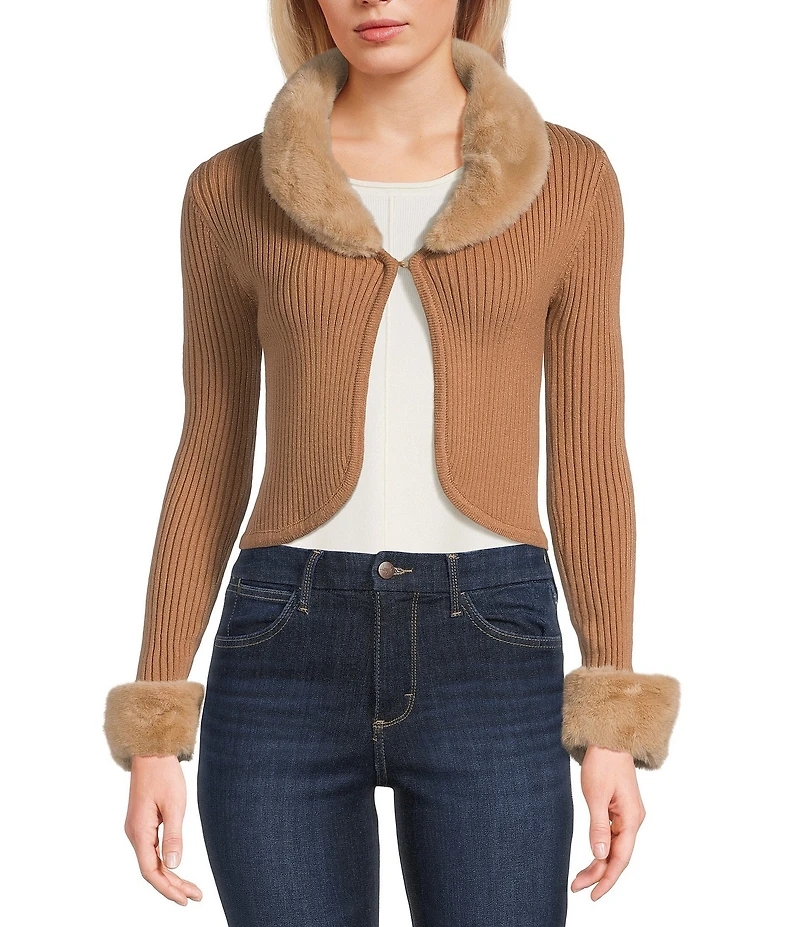 Honey & Sparkle Reversible Faux Fur Collared Long Sleeve Cardigan