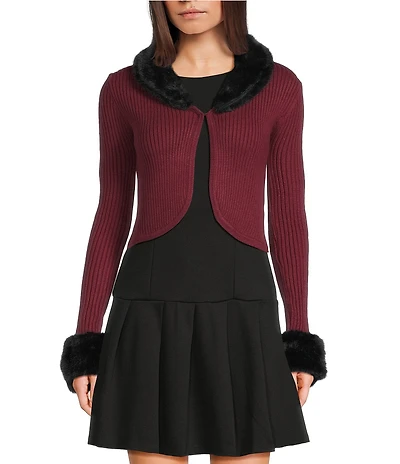 Honey & Sparkle Reversible Faux Fur Collared Long Sleeve Cardigan