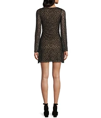 Honey & Sparkle Flocked Mesh Cheetah Printed Boat Neck Long Bell Sleeve Dress